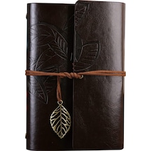 Büyük Yaprak Desenli Deri Defter Koyu Kahverengi Çok Renkli