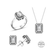 Gümüş Swarovski Baget Taşlı Pırlanta Modeli Üçlü Set