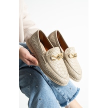 Lebibe Shoes Maby Kadın Bej Örgü Dokulu Zincir Detaylı Loafer Düz Ayakkabı Babet