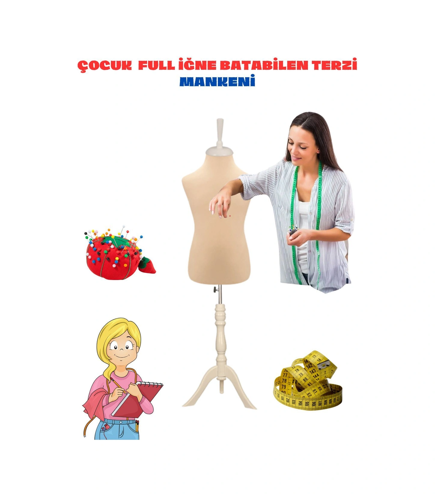 8 Yaş Çocuk Beyaz Üç Ayaklı Krem Kumaşlı Terzi Mankeni