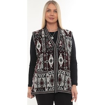 İksun Kadın Etnik Model Triko Örgü Kilim Cepli Kışlık Kalın Anne Yelek Gri