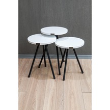 Yuvarlak Metal Ayaklı 3'lü Zigon Sehpa Çay Sehpası Servis Sehpası - Beyaz / Beyaz