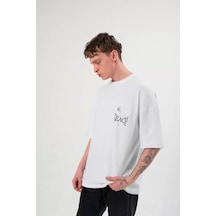 Suma Beyaz Unisex Oversize Bisiklet Yaka Baskılı T-shirt - Xl