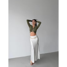 Elaxi Kadın Dalgıç Kumaş Tokalı Vatkalı Crop Bluz Çağla Yeşili