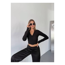 Kechi Woman Ottoman Kumaş Polo Yaka Fermuarlı Crop Siyah