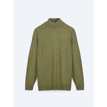 Koyu Yeşil Yarım Balıkçı Yaka Düz Örgü Yün Karışımlı Triko Kazak Koyu Yeşil