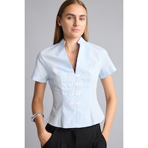 Defacto %100 Pamuk Fitted Hakim Yaka Çiçek Aplikeli Kısa Kollu Poplin Bluz I7460ax26hsbe250 Mavi-be250