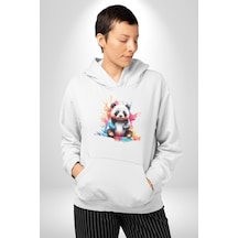 Renkli Yavru Panda Kadın Erkek Beyaz Kapüşonlu Sweatshirt Hoodie Beyaz