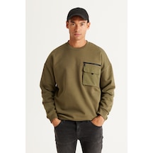 AC&Co / Altınyıldız Classics Erkek Hakı Oversize Bol Kesim Bisiklet Yaka %100 Pamuk Sweatshirt Haki