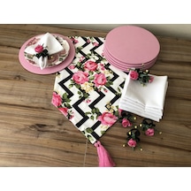 Sofra Sunum Seti Zigzag Üzerine Pembe Gül Desenli Takım Pembe