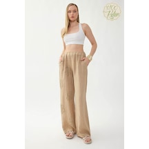 Vitrin %100 Keten Beli Lastikli Çiçek Motifli Pantolon Bej