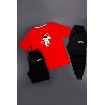 Uyguntarz 3'lü Unisex Astranot Baskılı Eşofman Takımı Kombini Kırmızı