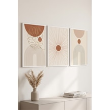 Beyaz Ahşap Çerçeveli Boho Güneş Geometrik Soyut Modern Duvar Tablosu 3 Lü Set Beyaz