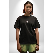 Kafatası Kulaklık Ergen Enerjisi Siyah Oversize Unisex Ön Orta Minimal Baskılı Tişört Siyah