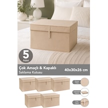 5'li Mini Boy Hurç - Çok Amaçlı Organizer Kapaklı Saklama Kutusu 40x30x26cm Bej