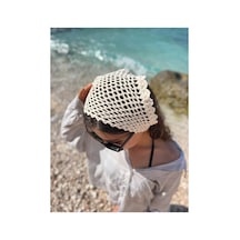 Krem Renkli File Model Bandana, El Yapımı Örgü Bandana, Yazlık Örgü Bandana Krem Krem