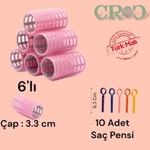 Croc 1202 Pembe Cırtlı Bigudi 6lı Çap 3,5cm +10lu Plastik Saç Pensi Pembe