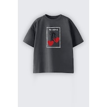 Monila Kız Çocuk Kiraz Baskılı Bisiklet Yaka Pamuklu Tshirt Antrasit