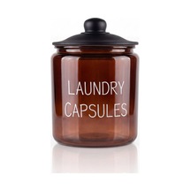 Laundry Capsules Yazılı 3900 Ml Amber Cam Kapsül Kavanozu, Siyah Kapaklı Çamaşır Odası Organizeri Çok Renkli