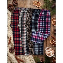 Moda Yıldız Kadın Polar Pijama Altı 5'li Paket - Kırmızı Ve Pembe Ekose, Leopar Desenli Yumuşak Kışlık Set Çok Renkli