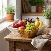 By Nevser Kare Dalgalı Çift Renkli Plastik Rattan Ekmek Ve Meyve Sepeti - Çok Amaçlı Banyo Ve Mutfak Düzenleyici - Yıkanabilir Tezgâh Üstü Organizer Diğer