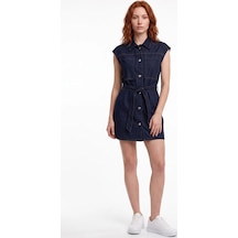 CEMO Kadın Kemerli Denim Mini Gömlek Elbise Lacivert