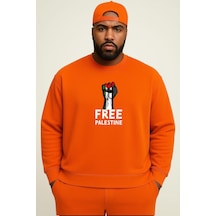 Benroma 3 İplik Penye Free Palestıne Baskılı Büyük Beden Unisex Sweatshırt Turuncu