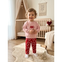 Bambık Pamuklu Kalp Desenli Kız Bebek Sweatshirt Pantolon Takımı Pembe