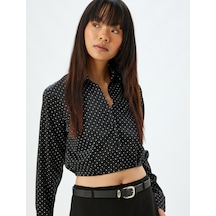 Koton Crop Gömlek Uzun Kollu Puantiyeli Düğmeli Klasik Yaka Slim Fit Beli Lastikli Siyah Desenli 5wal60024ıw Siyah Desenli