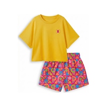 Haribo Lisanslı Geometrik Şortlu Kız Çocuk T-shirt Şort Takım Hardal
