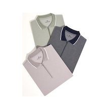 Tudors Erkek 3'lü Paket Mint-gri-lacivert Slim Fit Pamuklu Düz Fermuarlı Pike Polo Yaka Tişört-34069 Multi