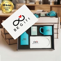 Logonuza Özel 10 Adet Kutulu Ahşap Altlıklı Turkuaz Fincan & Kolonya & & Aromalı Kahve Seti Ahşap Kutulu Kurumsal Hediye Seti