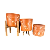 Bitki Tasarımı Ev Dekorasyon Aksesuar Kaktüs Desenli Toprak Saksı Saksılık Salon Çiçeklik Üçlü Set - 19 Cm
