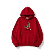 Herkesemoda Yeşil Kelebek Baskılı Kapüşonlu 2 İplik Şardonlu Sweatshirt Kırmızı