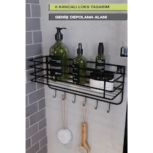 Paslanmaz Yapışkanlı 6 Kancalı Süper Lüks Banyo Düzenleyici,banyo Aksesuar Şampuanlık Banyo Rafı Siyah