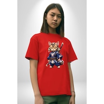Asyalı Kedi Samuray Savaşcı Pamuklu Bisiklet Yaka Unisex Oversize Boyfriend Dijital Baskılı Kırmızı T-shirt Kırmızı