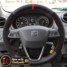Seat Leon Mk3 Dikme Direksiyon Kılıfı Alcantara Süet Mat Karbon Kırmızı Yüzük Ve Dikiş 2012-2016 Siyah