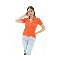 Polo Yakalı Kısa Kol Triko Kazak - Turuncu - Kadın Turuncu