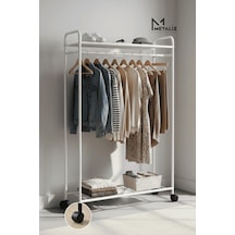 Metaliz Concept Tekerli Modern Metal Elbise Askılığı - Katlı Raflı Portatif Giysi Standı, Beyaz