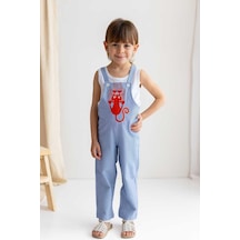 Oliven The Kid Oliventhekid 100% Pamuklu Gabardin Licra Mavi Beyaz Çizgili Kedi Nakışlı Kız Çocuk Salopet Mavi Mavi