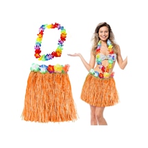 Hawaii Luau Aloha Turuncu Püsküllü 40 Cm Etek Ve Hawaii Kolye Seti