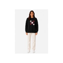 Herkesemoda Kalp Baskı Detaylı Şardonlu 2 İplik Bisiklet Yaka Sweatshirt Siyah