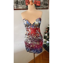 Chica Rosa Fashion Pullu Çok Renkli Straplez Mini Elbise