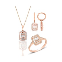 Gümüş Rose Baget Taşlı Çizgili Üçlü Set