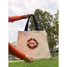 Bolergıashop Autumn Tasarım Canvas Omuz Çantası Bej - Turuncu Punch İşleme