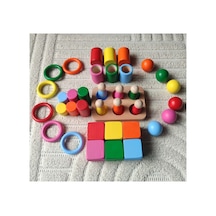 Montessori Ahşap Eğitici Oyuncak 6 Renk Eşleştirme Seti Silindir Halka Peg Bebek Kase Küp 30 Prç
