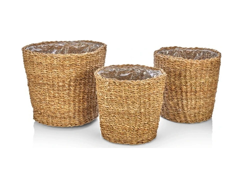 Dekoratif Yuvarlak Poşetli Derin Sepet Saksılık 3lü Set
