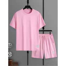 Pembe Kadın Baskılı Alt Ust Şortlu Oversize Takım Pembe