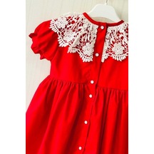 Dantel Yaka Poplin Kırmızı Kız Çocuk Bebek Elbise 001