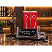 Kişiye Özel 3'lü Kristal Masa Seti Türk Bayraklı Atatürk Heykelli Siyah